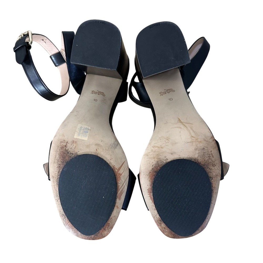 Coach Black Leather Block Heel Sandals Horse & Carriage Gold Hardware Womens 10 - Picture 8 of 16